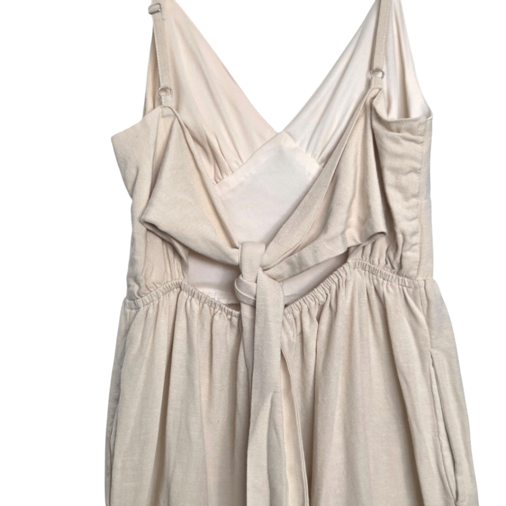 S Cream Oatmeal Linen Blend Jumpsuit Vacation Travel Quiet Luxury Minimal Chic - Picture 7 of 15